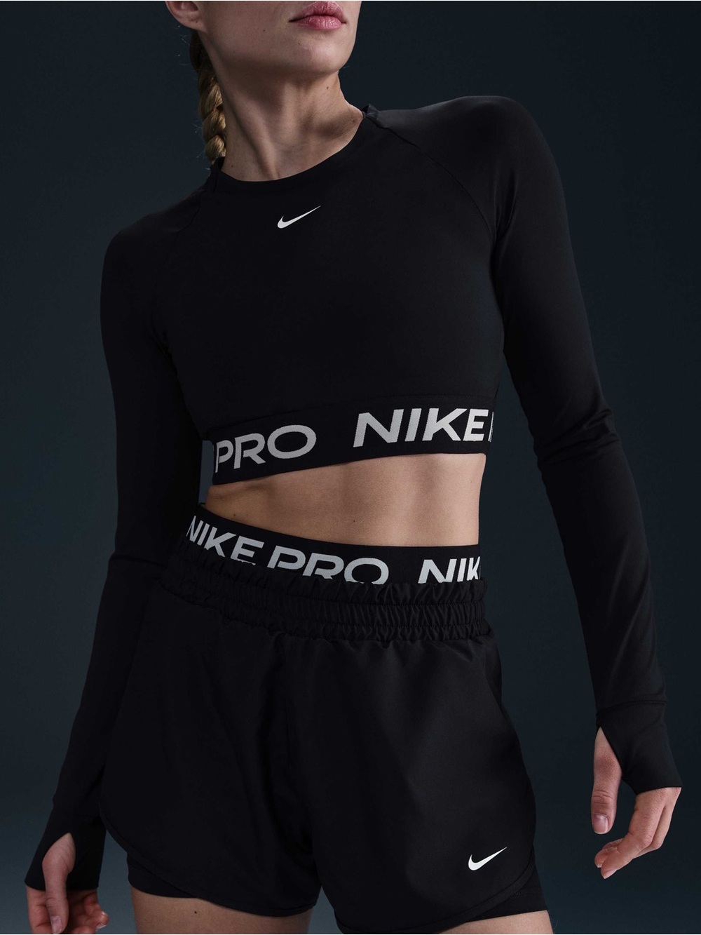 Nike Pro Dri-FIT Black Cropped Long Sleeve Workout Top Thumbholes Size Small